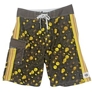Kirra Board Shorts Mens 32 Brown Yellow Bubble Pattern Cargo‎ Pocket Surf Swim